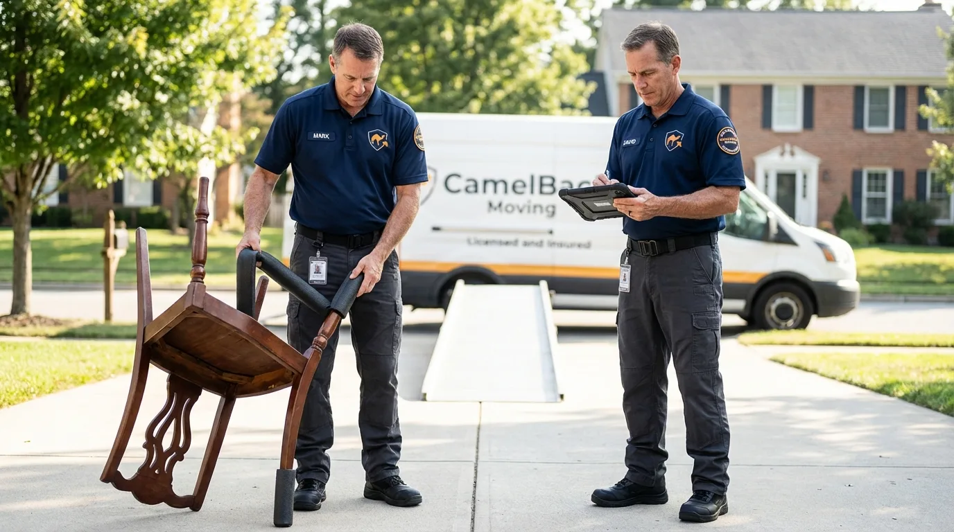 Movers inspecting furniture for damage prevention before loading in Advance, NC
