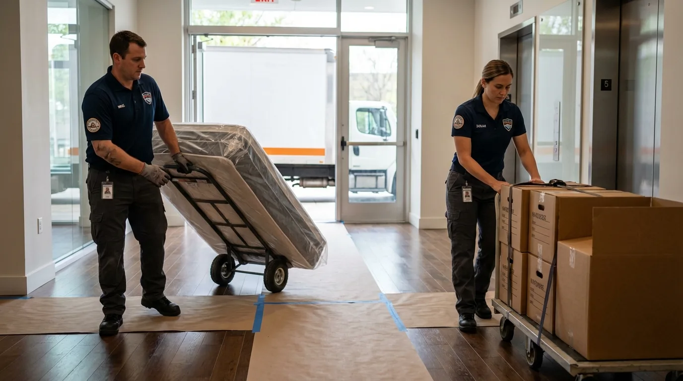 Professional apartment movers loading elevator in Advance, NC